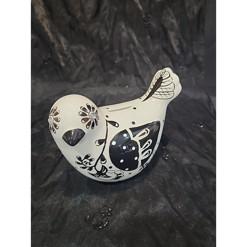 Ceramic Coin Bank Bohemian Style Bird Black and White